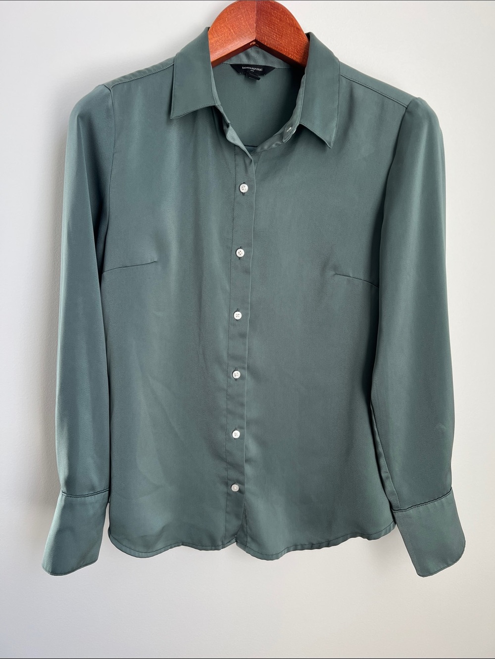 Banana Republic | Slate Green Classic Button-Down Satin Blouse Size M